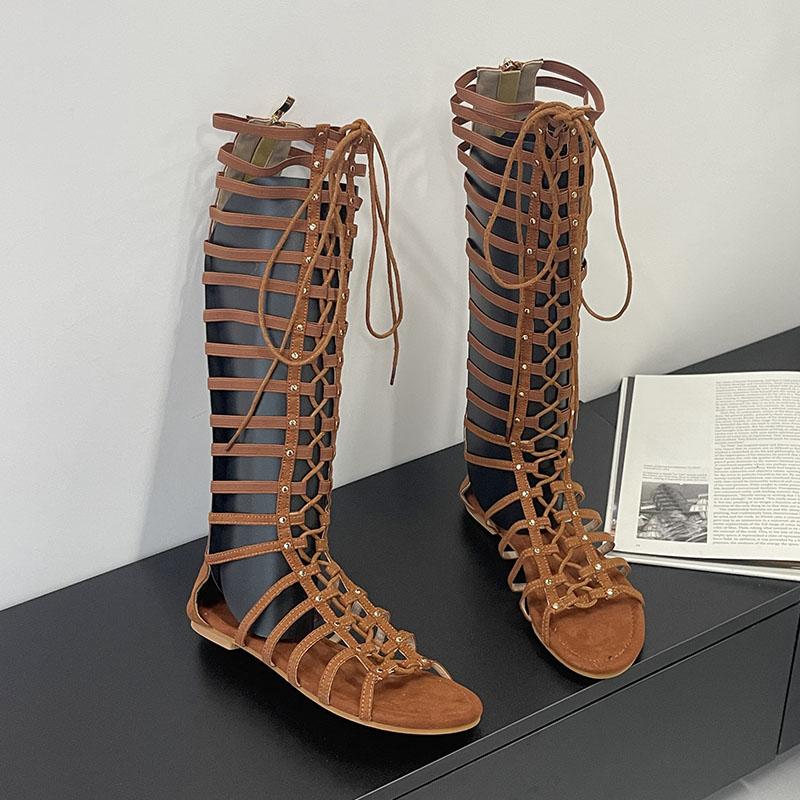 Móda Nová Móda Šněrovací Obuv Baleríny Ženy Kozačky nad Koleno Boty Dámské Kulatá Špička Dámské Dlouhé Gladiátorky Sandály Kozačky