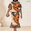 Women Plus Size Round Neck Halloween Printed Batwing Sleeve Ruffle Hem Top Fishtail Skirt Two Piece Set