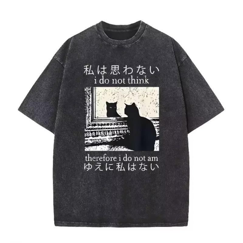 Japansk Citat Spejl Kat Grafisk Vintage Vask Oversized Sort T-shirt Mørk Academia Katteelsker Street Top