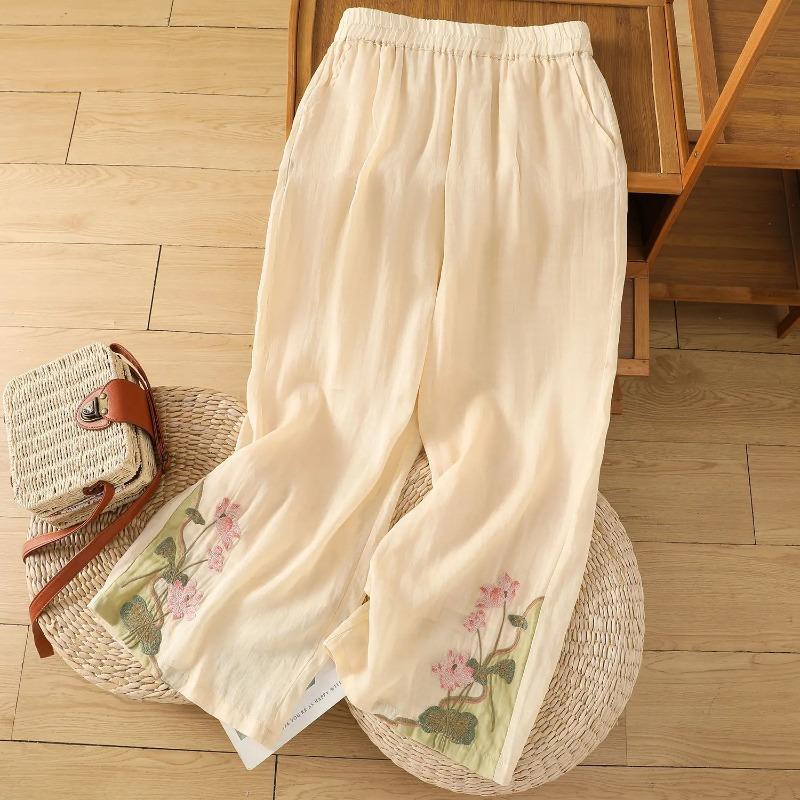 

Summer Chinese Style Wide Leg Pants Ladies Casual Embroidered Elastic Waist Vintage Trousers Women Clothes All Match Straight XS абрикосовий