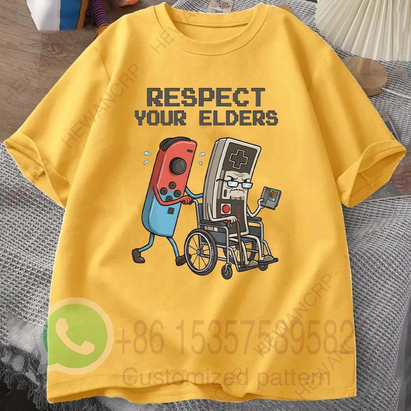 Respect Your Elders Mens Tshirt Summer Tracksiut Roundneck Pullovers Shortsleeved Tops Harajuku Cotton Casual Streetwear