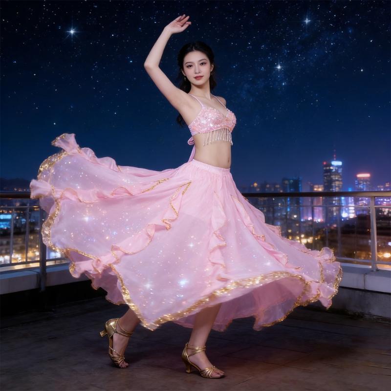 Bauchtanzkostüm für Damen Bauchtanzrock Chiffon Rüschen Maxirock Bauchtänzerin Outfit Halloween Kostüme