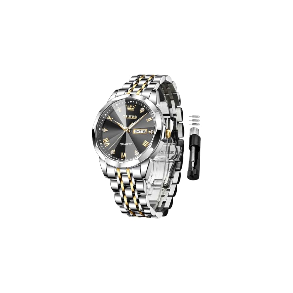 OLEVS Men s Diamond Analog Quartz Watch Black White Waterproof Business Date Luminous