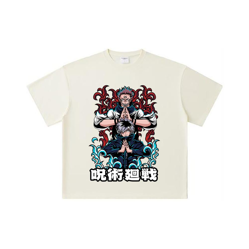 260 GSM Double Yarn 32 Count 100% Cotton Jujutsu Kaisen V49 Gojo Sukuna Print Unisex Heavy Cotton T Shirt