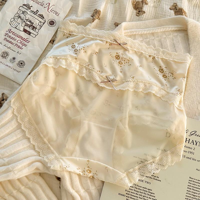 

Plus Size Ladies Retro Bow Flower High Waisted Sexy Lace Breathable Triangular Underwear XL