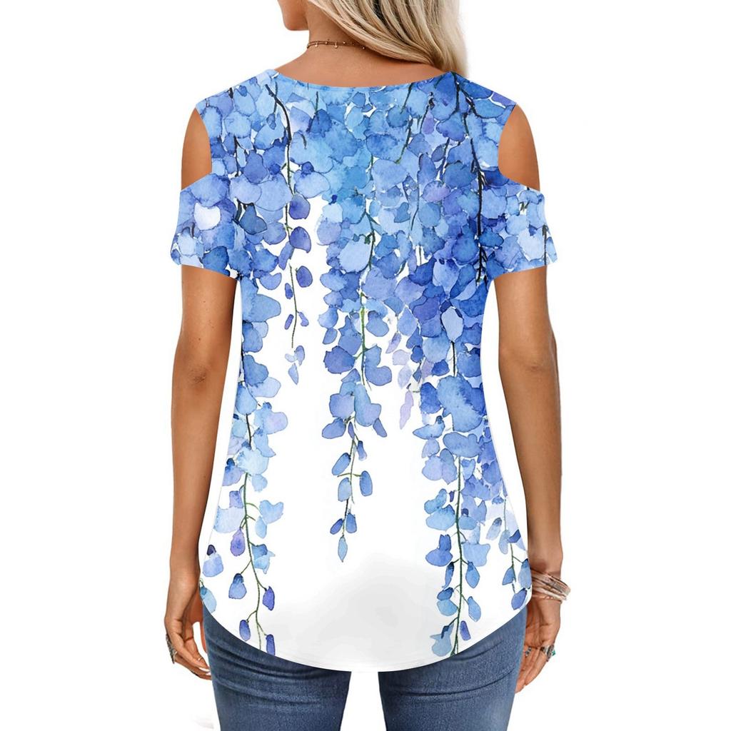 Women's Summer Fashion Casual Floral Print Off-the-shoulder V-neck Short-sleeved T-shirt Top