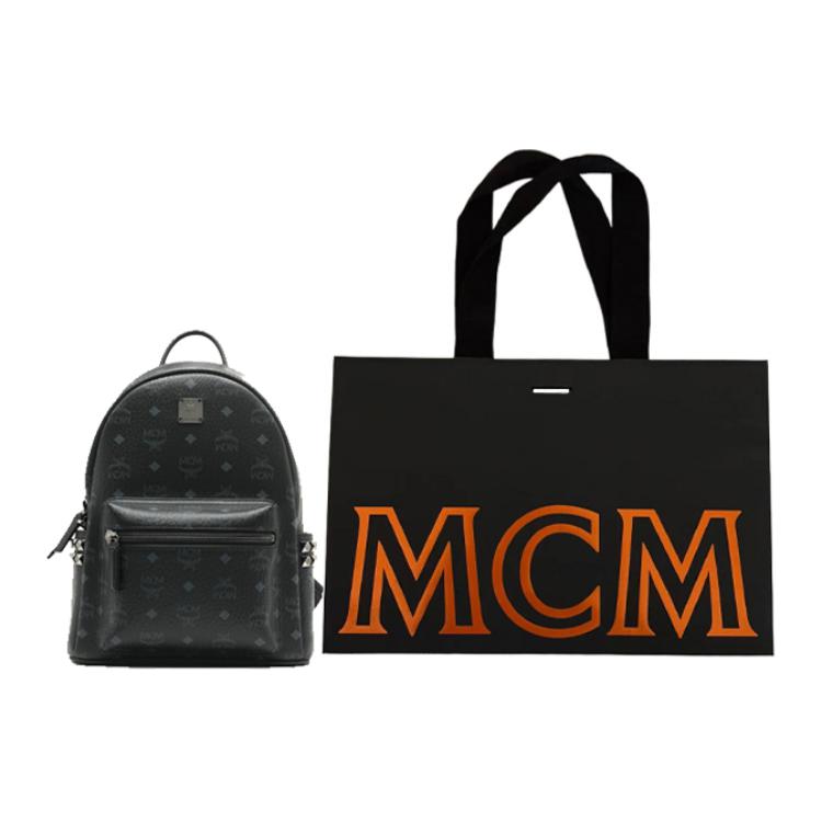 MCM Stark Studded Logo Backpack Coated Canvas And Leather Trim Unisex Backpacks Black MMKAAVE15BK001