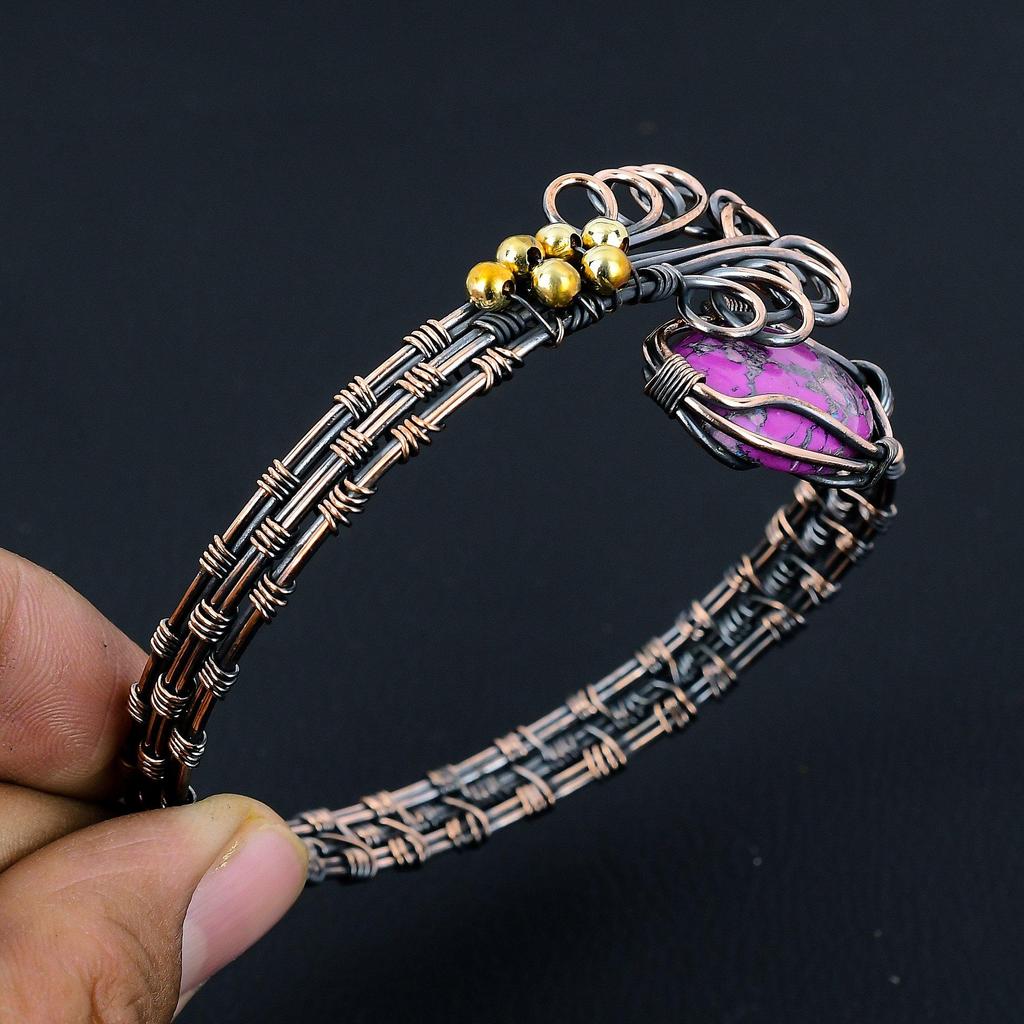 Purple Turquoise Bangle, 999 Copper Wire Wrapped Gemstone Jewelry, Handmade Bangle For Mother Day