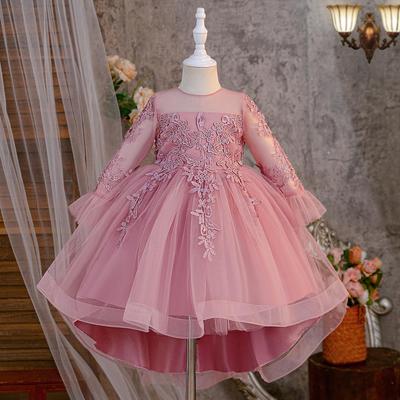 Children's Long Sleeve Evening Dress with Appliqué Mesh Puff Skirt