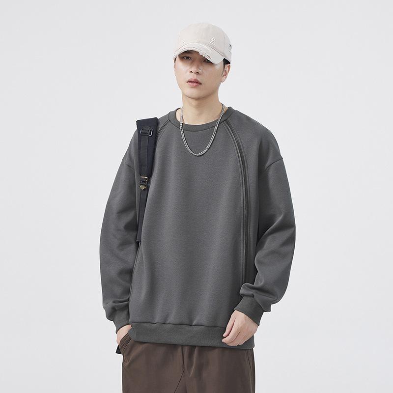 Autumn and Winter Heavyweight Solid Color Round Neck Sweatshirt for Men, White Solid Color Loose Round Neck Inner Layered Bottoming Shirt, Trendy Top