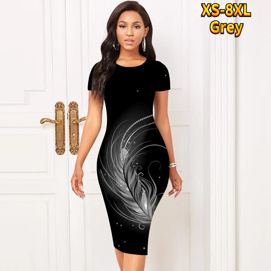 

Тонкое платье длиной до колена с коротким рукавом, модное женское платье миди с 3D разноцветным принтом перьев 5XL серый