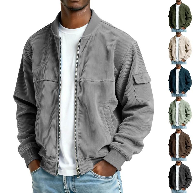 Men S Corduroy Flight Jacket Casual Stand Collar Long Sleeve Multi Pocket Solid Color