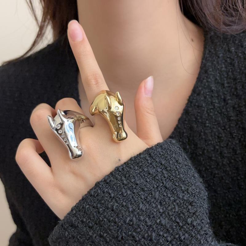 Light Luxury Exaggerated Personalized Metal Horse Head Ring Zircon Inlay Horse European American Style Ring Jewelry