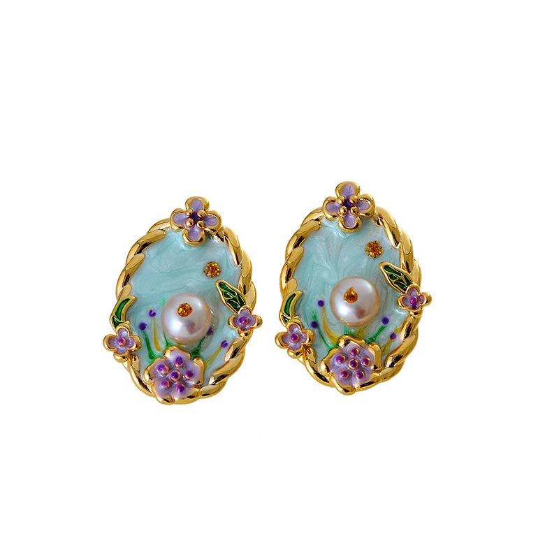 Vintage Oil Painting Flower Stud Earrings for Women Exquisite Metal Peach Blossom Earrings Jewelry Gifts Daily Fancy Accessories