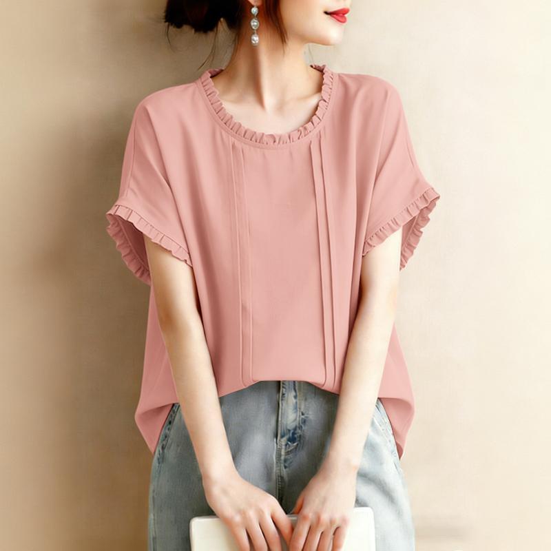 ZANZEA Women Casual Round Neck Solid Color Summer Short Sleeve Blouse