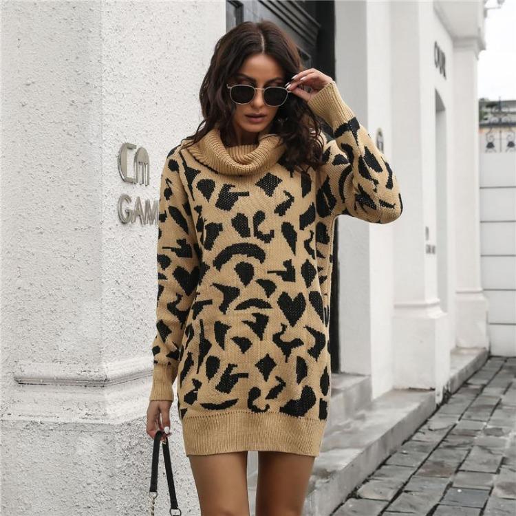 Women Casual Leopard Print Knit Sweater Dress Spring Fall Loose Waist Straight Collar Full Sleeve Above Knee Mini S-L