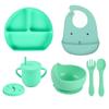 7pcs/set Baby Silicone Tableware Cartoon Printed Bibs Sucker Bowl Plate Cup Spoon Fork Sets Non-slip Children's Dishes BPA Free