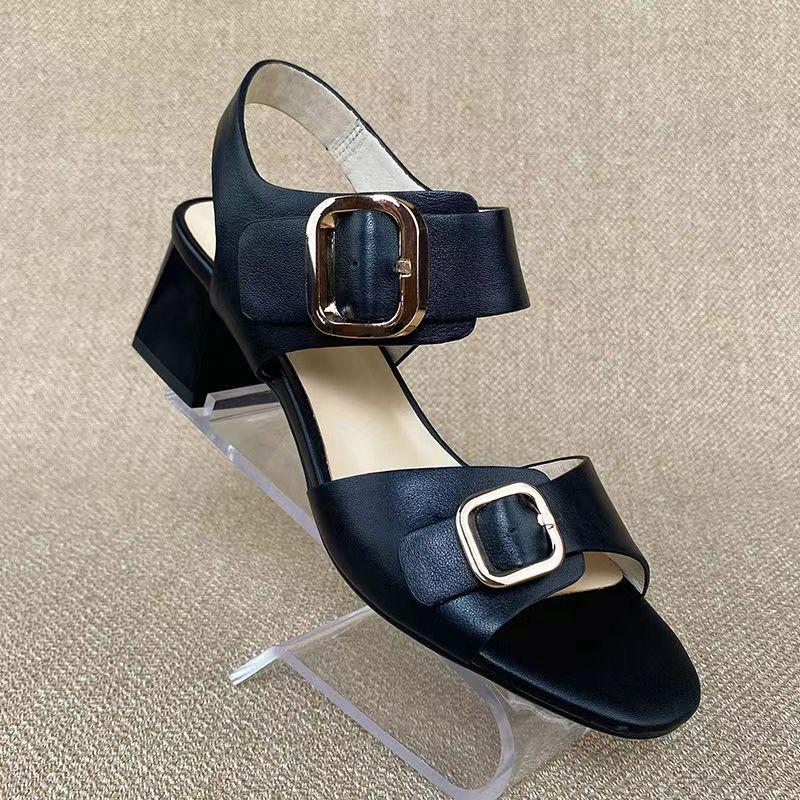 High heels women's 2024 summer new elegant retro square head word with rear zipper open toe thick heel sandals women