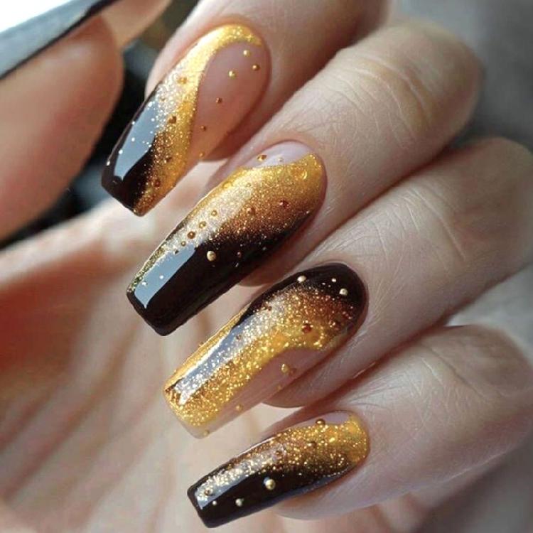 

24pcs Acrylic Nail Glitters Artificial Nail Black Gold Press on Nail Full Cover Glossy Stick on Nail Fashion Nail Decors 1
