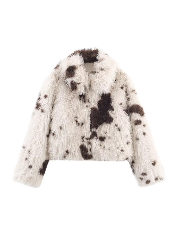 Women's Collar Long Sleeved Spotted Faux Fur Winter Coat