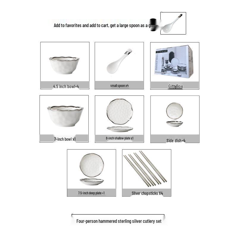 Elegant Hammered Silver Edge Ceramic Bowl & Plate Set - Perfect Housewarming Gift