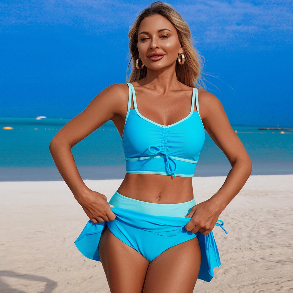 New European & American Style Two-Piece Swimsuit — Women's Solid-Color Drawstring Athletic Bikini 0799