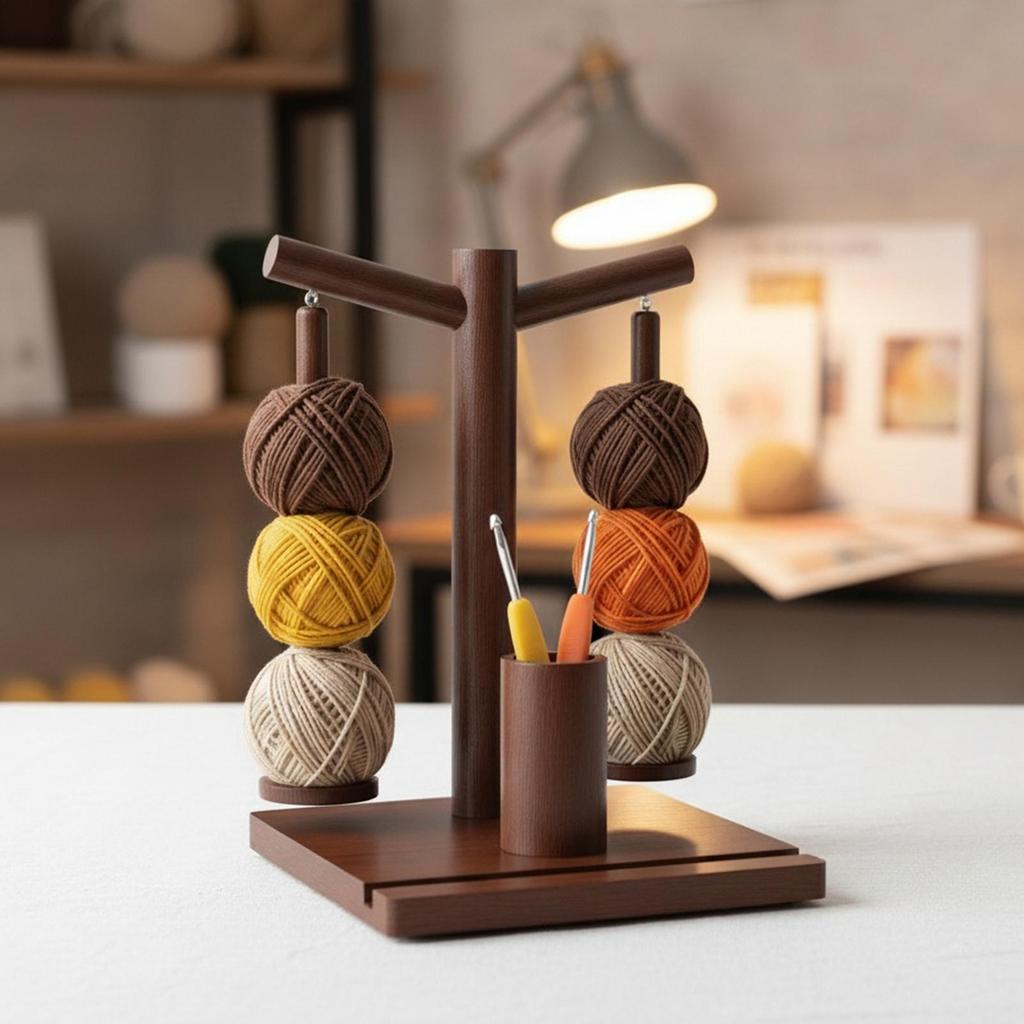 Yarn Holder Spinner Magnetic Rotating Wooden Knitting Spinner Wooden Yarn Ball Holder With Phone Stand And 2 Spindles For