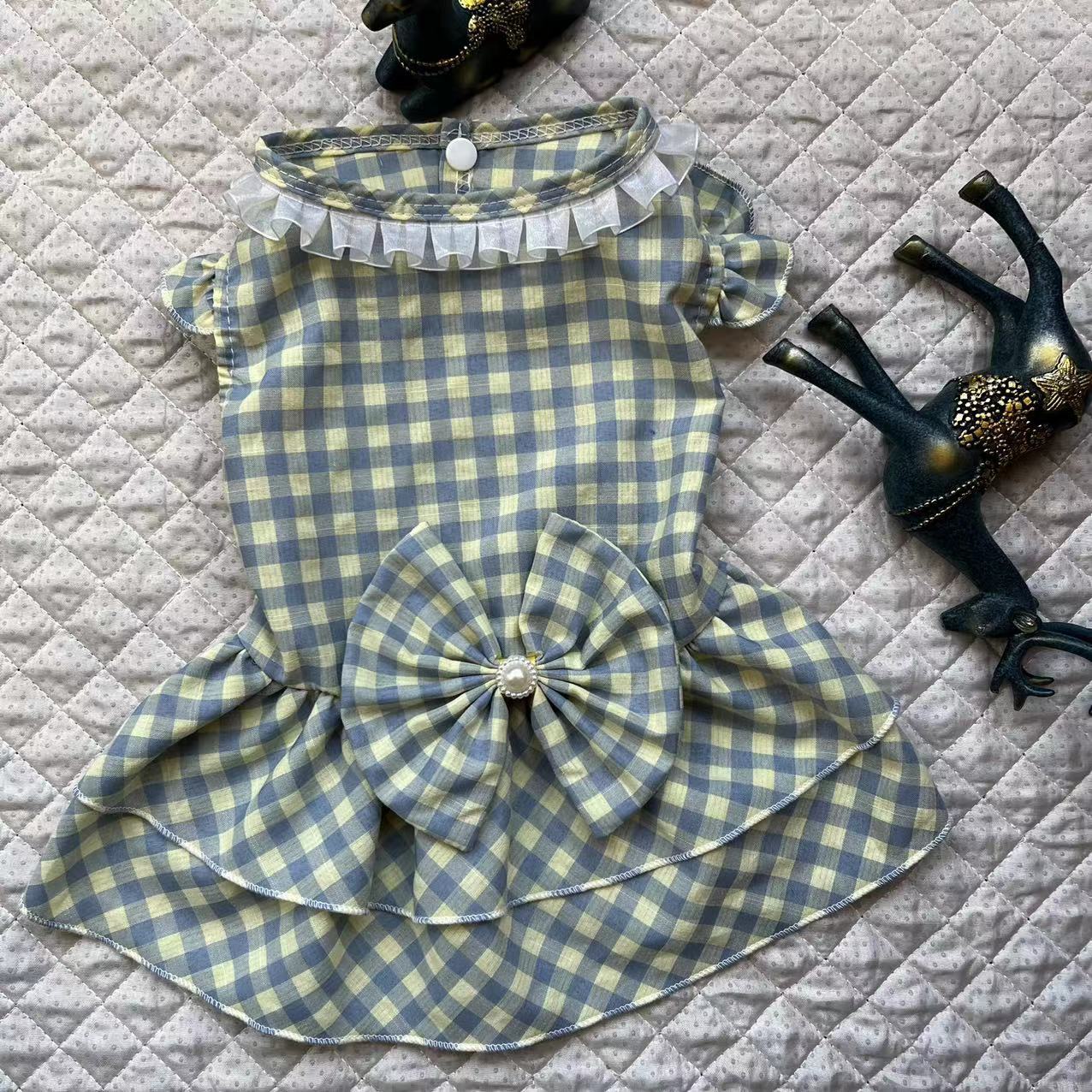 

Весна, Лето и Осень Новая одежда для собак Одежда для кошек Клетчатое кружевное платье с бабочкой Тедди Товары для питомцев XXL