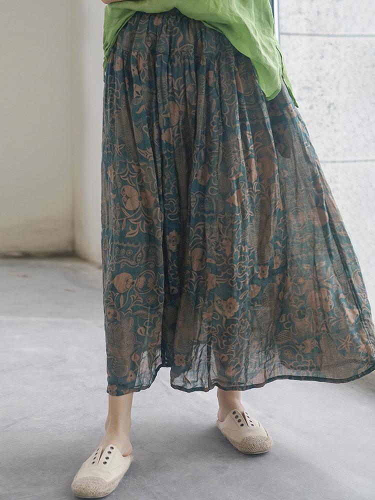 Johnature Dámské vintage potisk květinové ramie sukně elastický pas letní volné měkké vysoce kvalitní dámské sukně