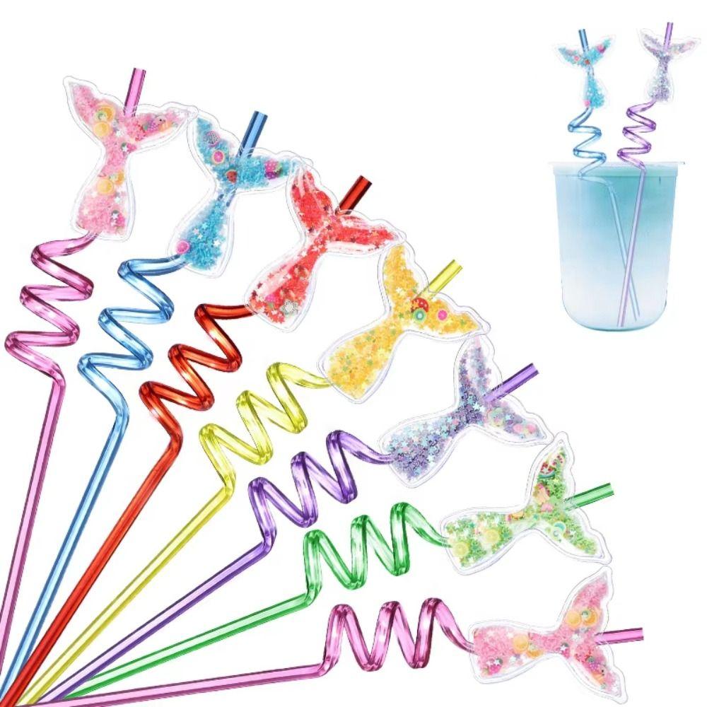 8Pcs Cartoon Mermaid Tail Straws PETR Party Straws Fun Spiral Straw  Party Decorations