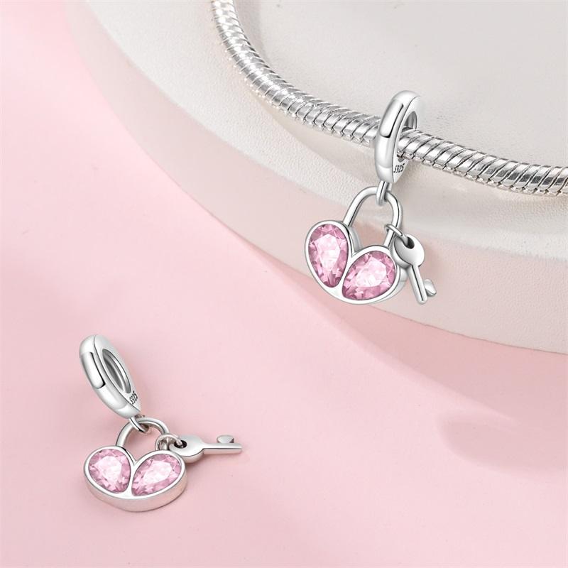 Original Copper Charms Luxury Pink Heart Pendant Lock Key Beads Fit Bracelet Diy Women Making Delicate Gift