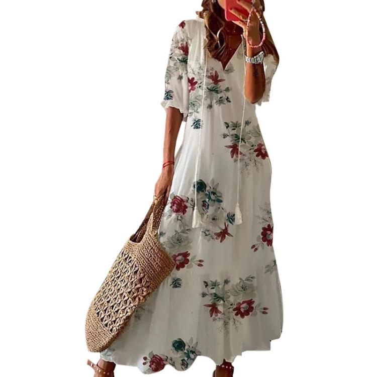 Damen Böhmisches Sommer Strand Swing Maxi Kleid V-Ausschnitt Lang Locker Sonnenkleid Reise