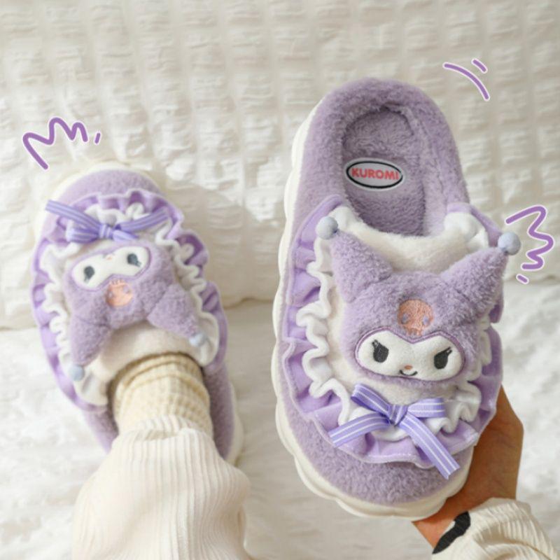 Official Hello Kitty Kuromi Women's Cotton Slippers - Autumn/Winter 2025 Cute Cartoon Plush