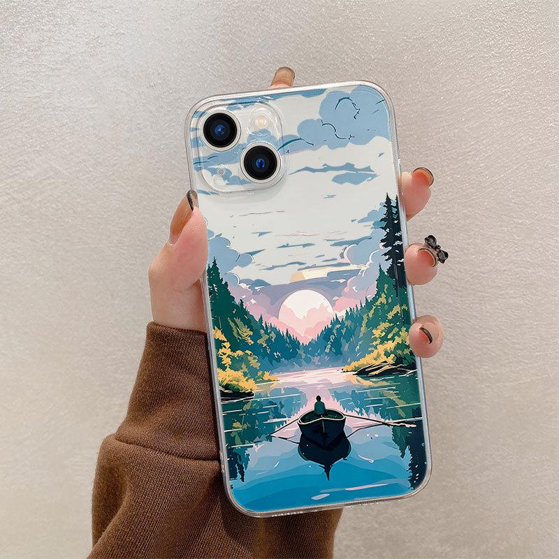 Hot-selling Healing Scenic Mobile Phone Case Mountain Forest Sunset Art Illustration All-inclusive Anti-drop iPhone Protective Case