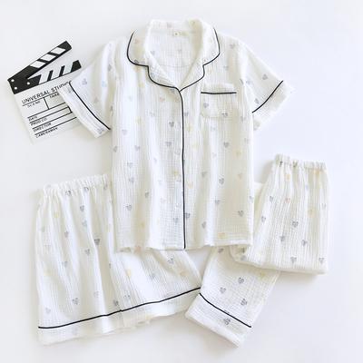 New Summer Women's Pajama Set 100% Cotton Crepe Short Sleeves+Shorts+Pants Three Piece Casual Ladies Homewear Sleepwear