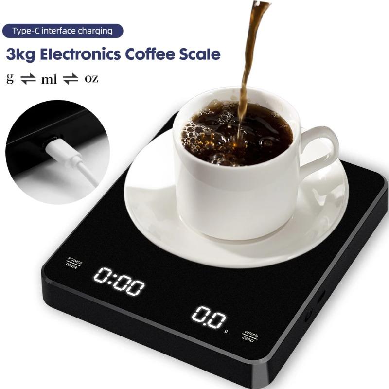 0.1g Precision Digital Coffee Scale - 3kg Capacity with Timer & LED Screen, USB Rechargeable for Espresso/Brewing(Oz/ml/g Units)