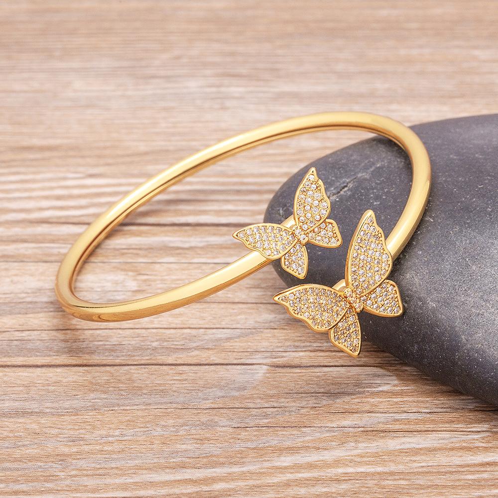 Hot Sale European American New Exaggerated Fashion Butterfly Copper Cubic Zirconia Gold Plated Adjustable Open Bangles Gift