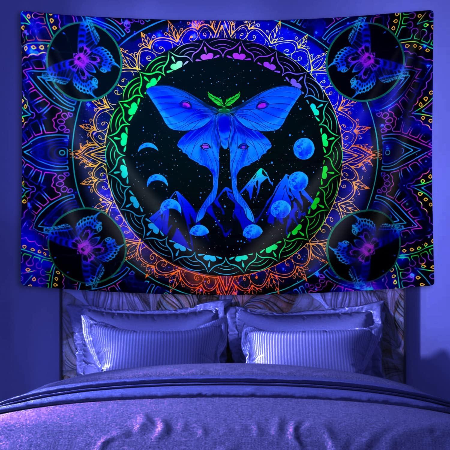 Tapestry of a dark night moth and butterfly reacting to ultraviolet light 75x100