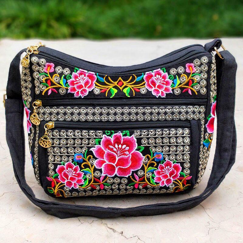 WTEMPO Etnische Tassen Geborduurde Dames Schoudertas Uitgebreid Borduurwerk Crossbody Kleine Dumpling Tas Vier Schuin Crossbody