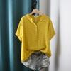 Koreanische Version des doppellagigen Baumwollgarn-bedruckten halb geöffneten V-Ausschnitt-Kurzarmshirts Damen Freizeit Locker Oberteil