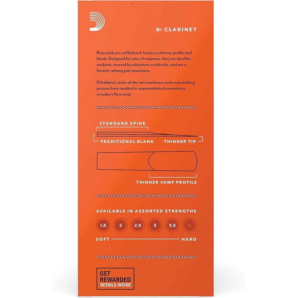 D'Addario WoodWinds Daddario Reed for Bb Clarinet RICO RCA2525 [Hardness: 2.5] Pack of 25 [Domest...
