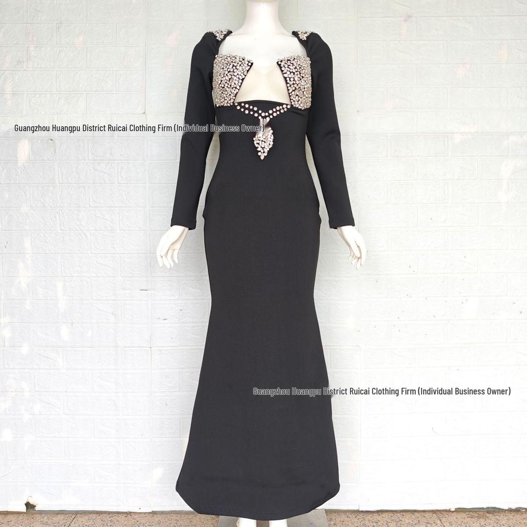 European & American Rhinestone Inlaid Stand-up Collar Bandage Evening Dress, 2025 Luxury Style.