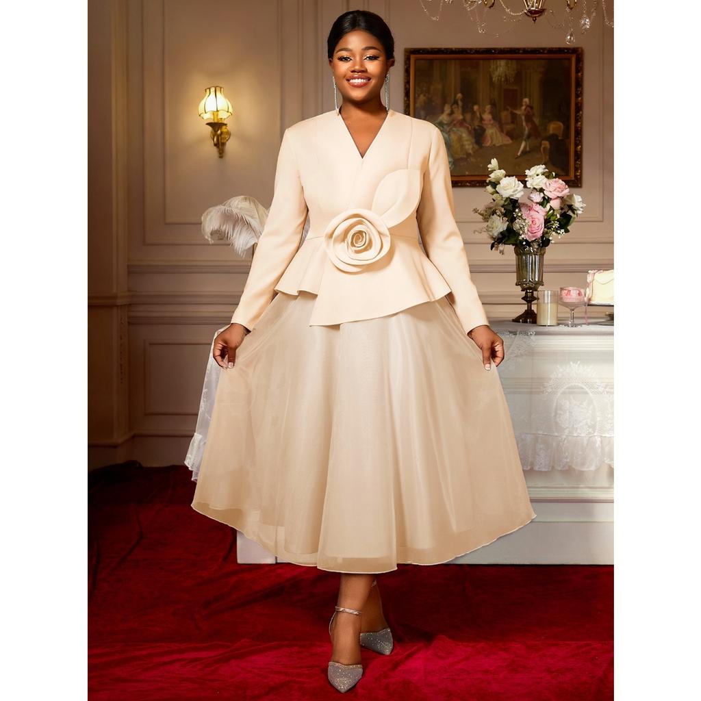 Plus Size Women's Long Sleeve 3D Flower Dress, V Neck Slim Waist Ruffled Hem Evening Party Gown
