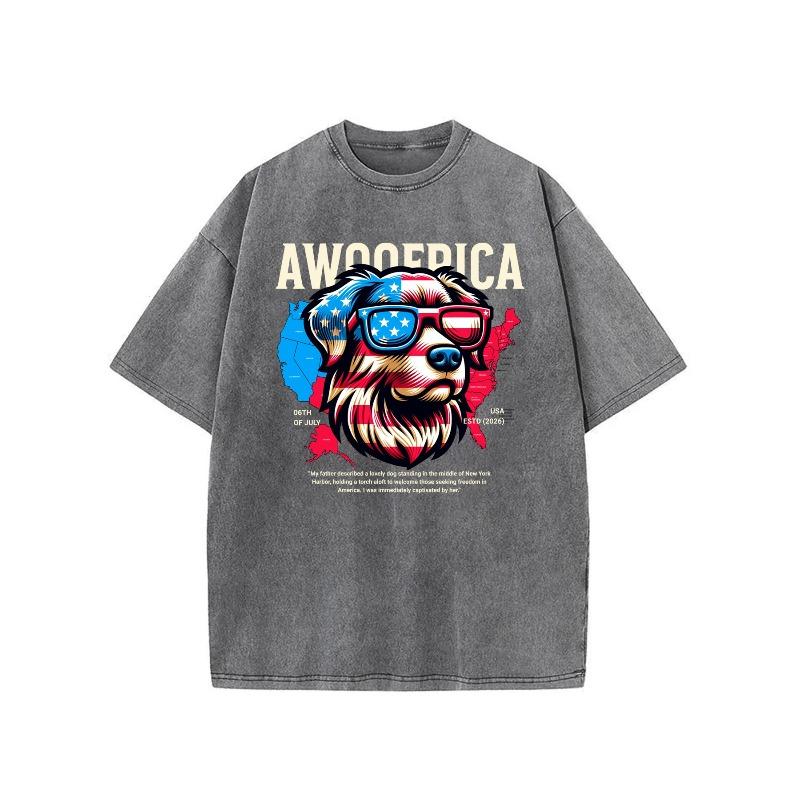 

European sizes Washed Men s T-Shirt, Front AWOOERICA Typography & Dog Graphic, Bold Print, Casual Oversized Fit S серый
