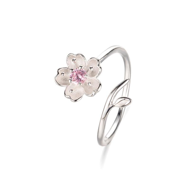 New Arrivals 925 Silver Rings for Women Adjustable Size Ring Pink Zircon Cherry Blossom Ring