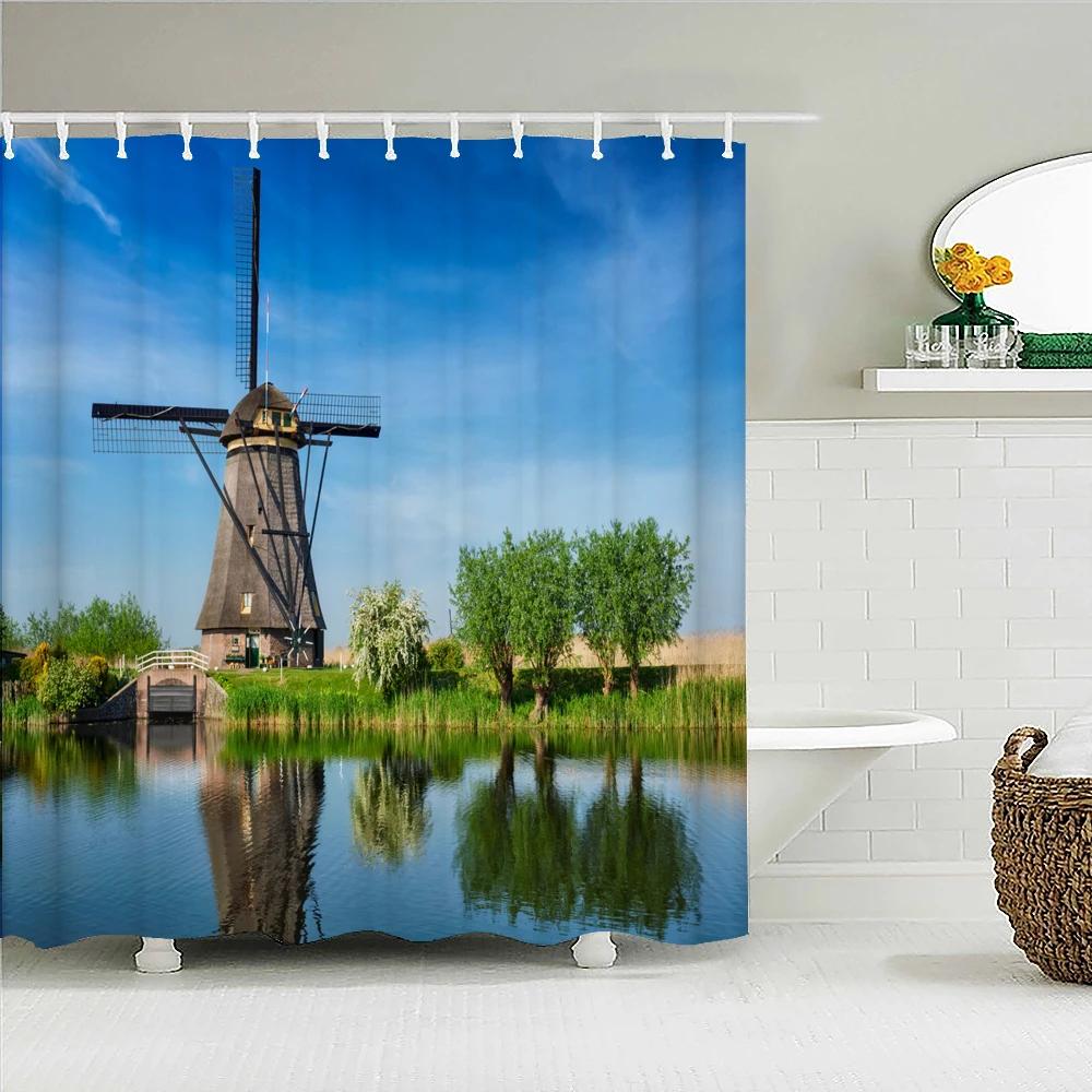 Natural Scenery Tulips Print Shower Curtains Windmill Landscape Bathroom Curtain Waterproof Polyester Home Decoration With Hooks