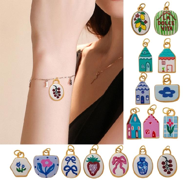 Modern Elliptical Jewelry Component Floral House Print Accessories Stainless Steel Charm for Handmade Enthusiasts