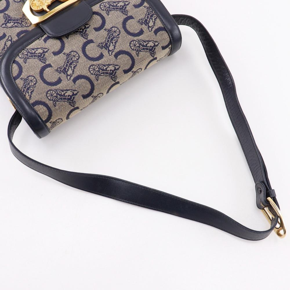 CELINE Old Celine Shoulder Bag Macadam Horse Hardware vintage Navy blue canvas/leather Women Used