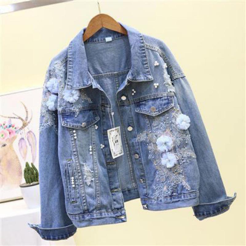 Korean Style Floral Embroidered Ripped Denim Jacket - Women s Loose Fit XL (For 126-135 kg)