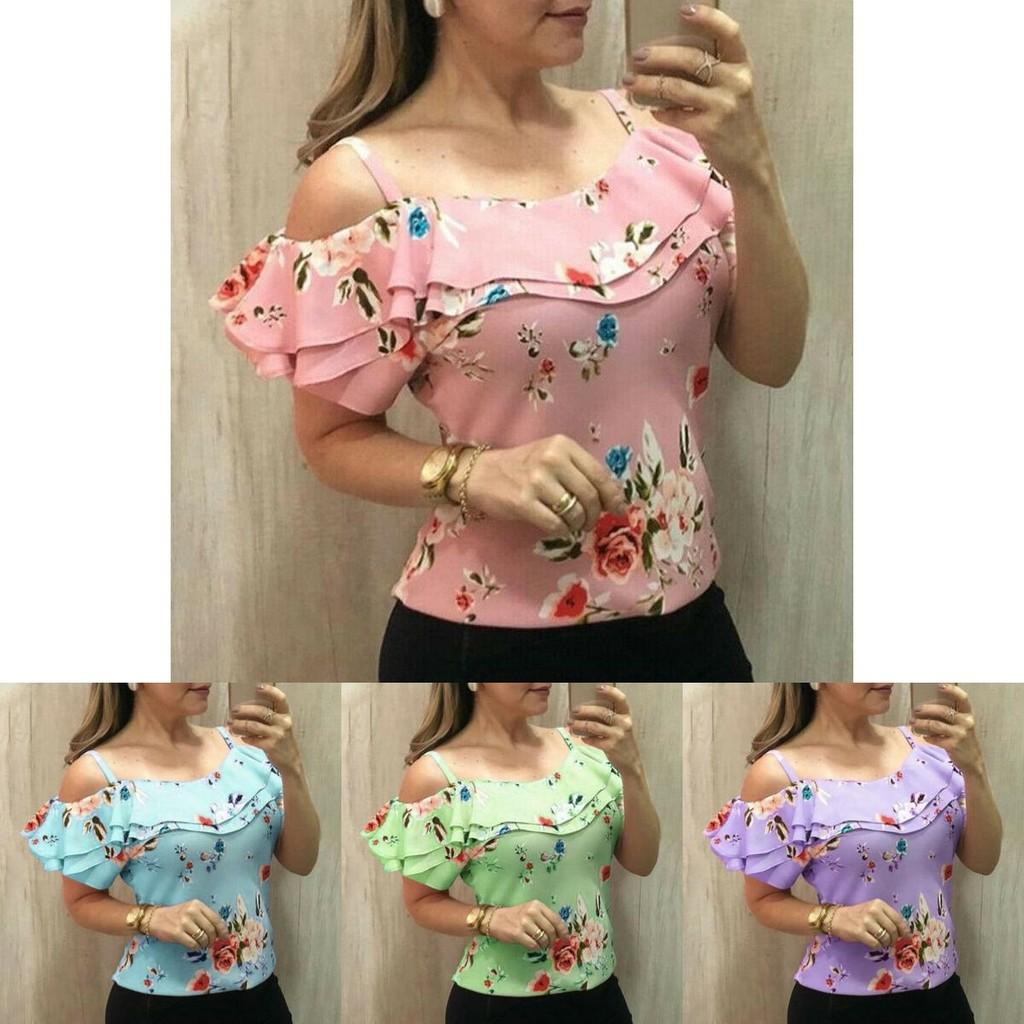 Floral Print Women Cold Shoulder Tops Summer Beach Tank Tops Vest Shirt Blouses
